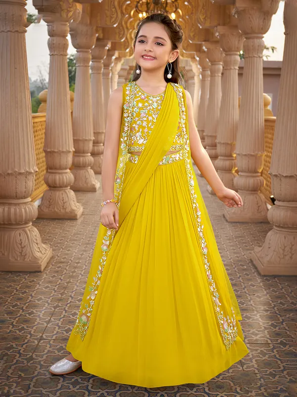 Yellow georgette lehenga choli with long shrug