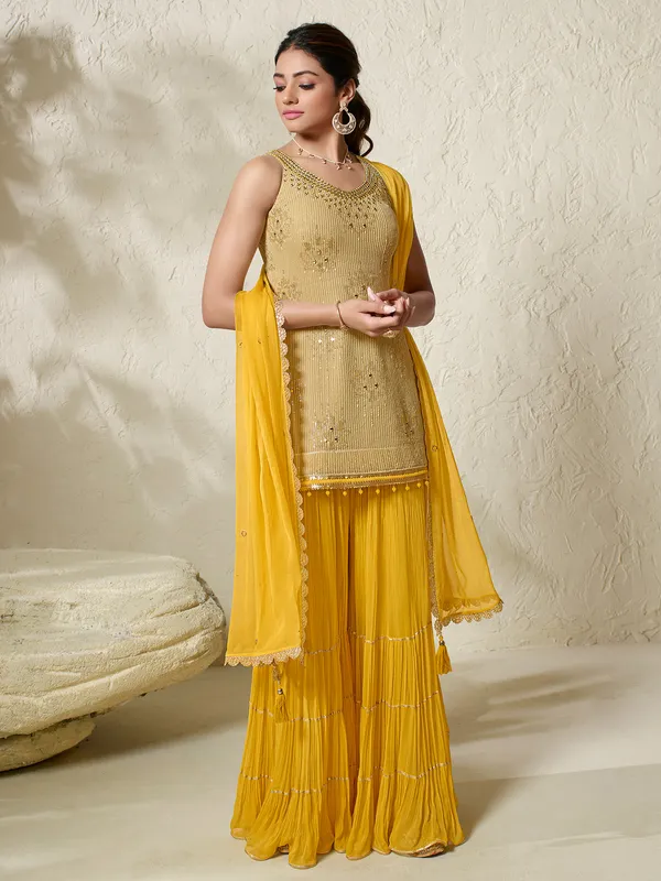 Yellow georgette palazzo suit with resham work