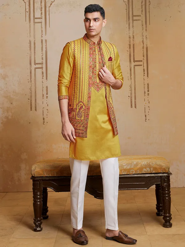 Yellow long waistcoat set with colorful embroidery