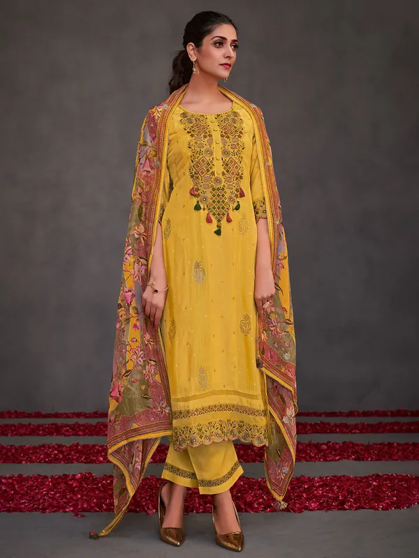 Yellow muslin silk salwar suit with cutwork