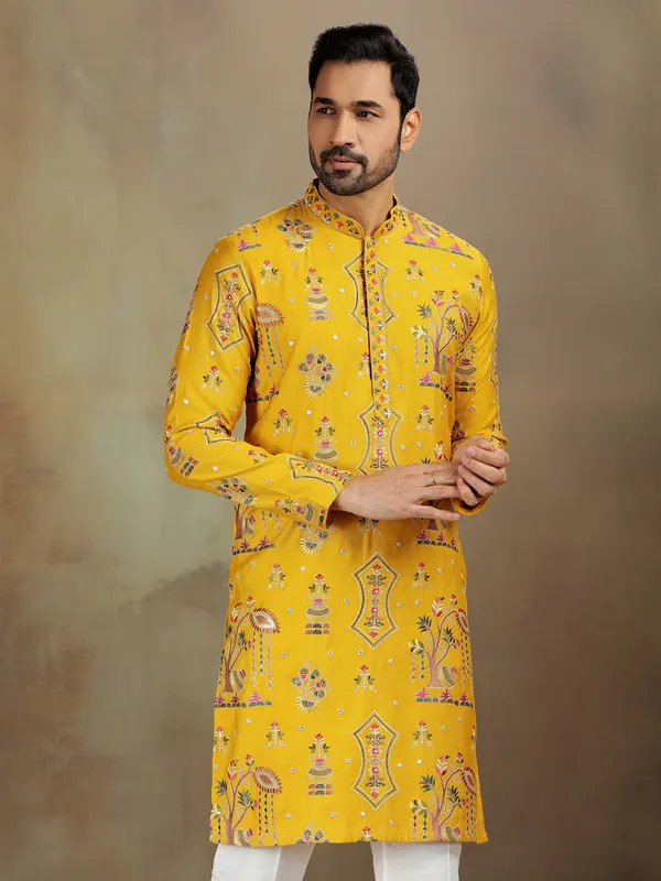 Yellow nova silk kurta for haldi style