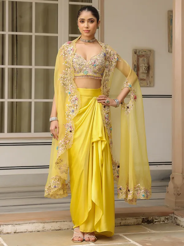 Yellow organza and satin indowestern suit
