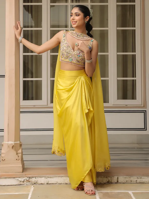 Yellow organza and satin indowestern suit for women