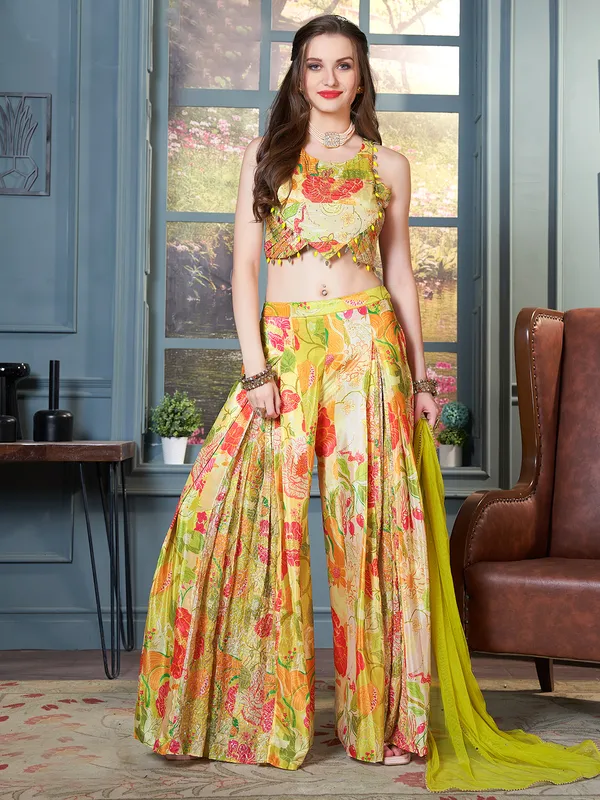 Yellow palazzo salwar suit in crepe