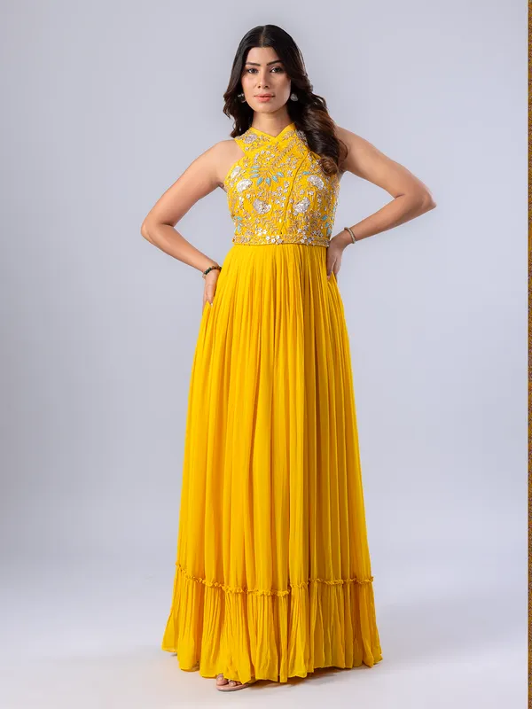 Yellow palazzo suit with beads work