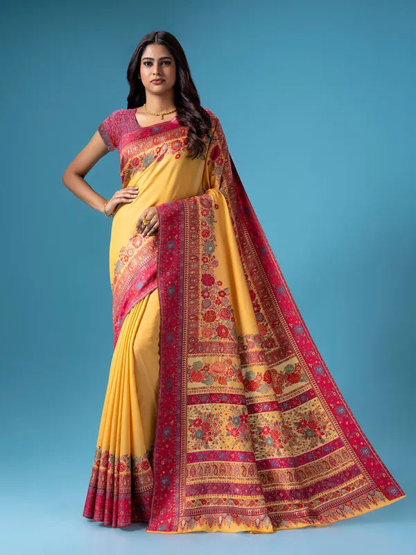 Yellow pashmina silk saree with bold border