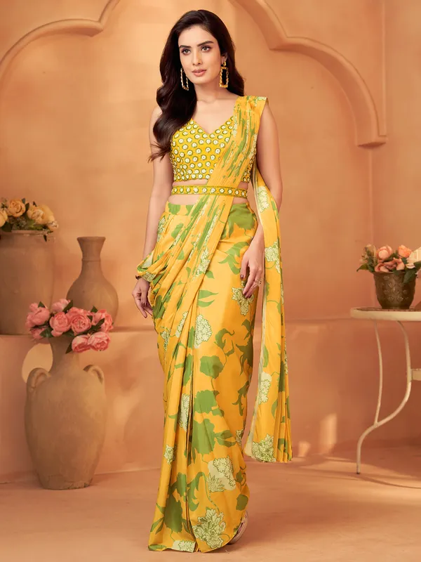 Yellow printd silk ready to wear saree