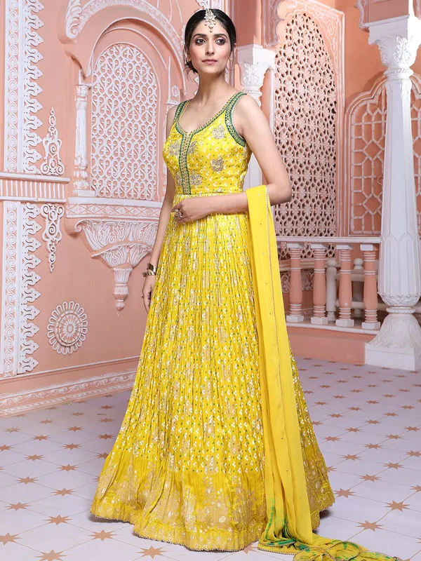 Yellow printed anarkali floor length suit