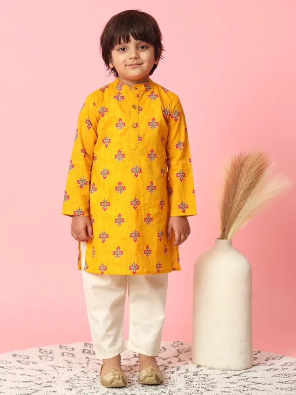 Yellow printed cotton boys kurta suit