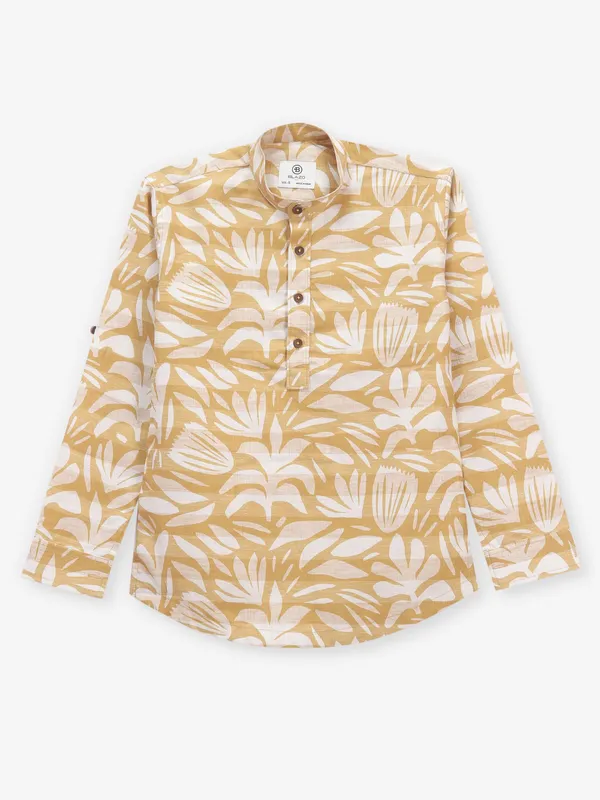 Yellow printed cotton kurta style shirt for boys