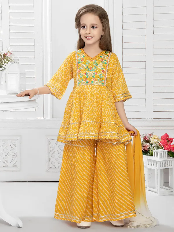 Yellow printed cotton sharara set with dupatta