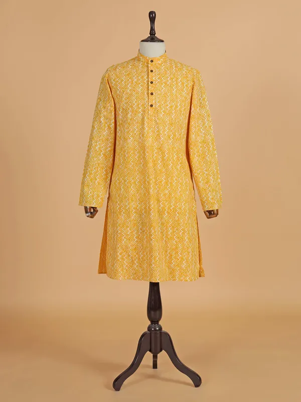 Yellow printed cotton silk kurta pajama for men