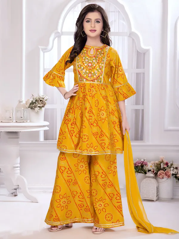 Yellow printed cotton silk palazzo suit