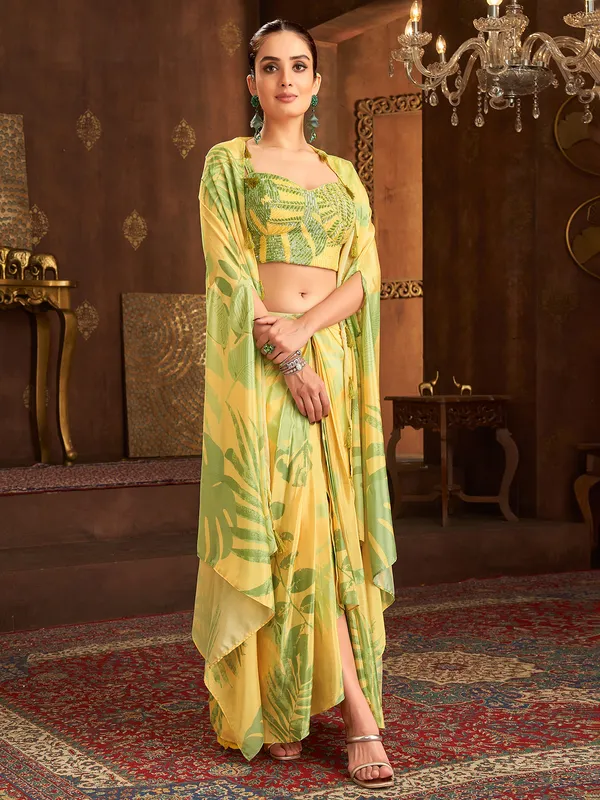 Yellow printed designer suit with shrug