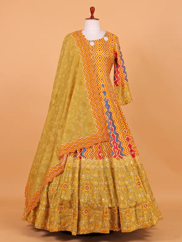 Yellow printed festive cotton silk anarkali suit