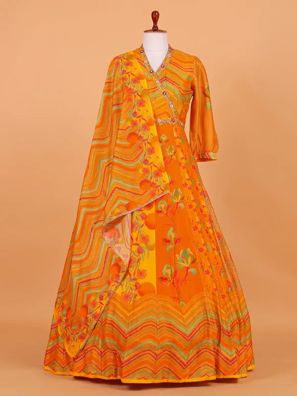 Yellow printed floor length suit for wedding