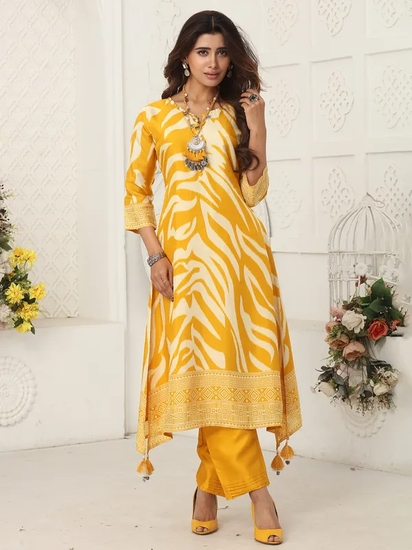 Yellow printed kurti set in russian silk
