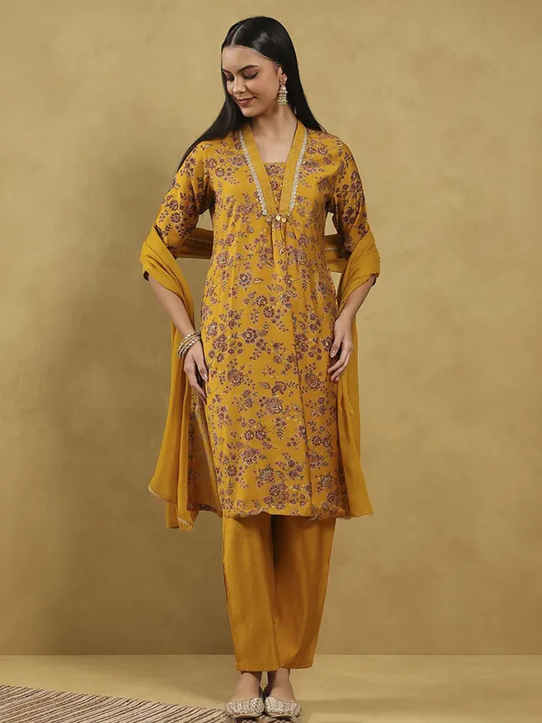 Yellow printed kurti set in soft silk