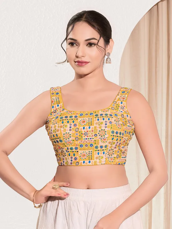 Yellow printed ready made blouse in viscose rayon