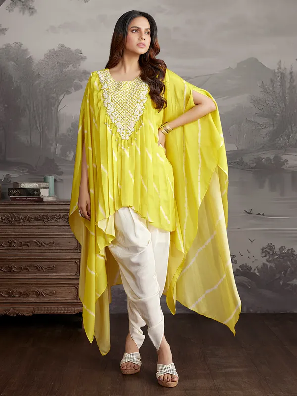 Yellow printed silk dhoti salwar suit