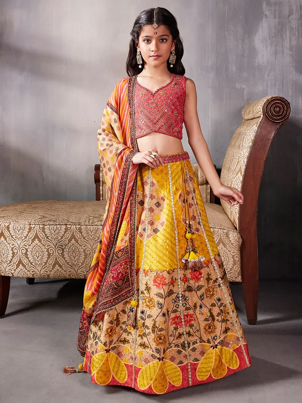 Yellow printed silk lehenga choli for reception