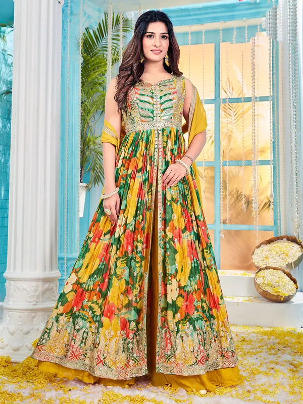 Yellow printed silk palazzo suit for festival