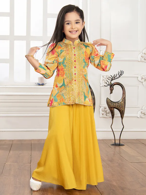 Yellow printed silk palazzo suit for girls