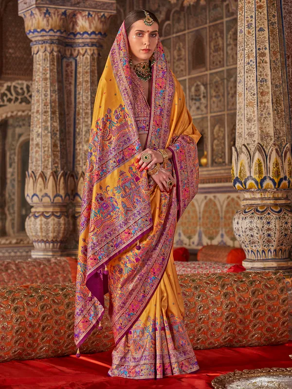 Yellow printed silk saree for women