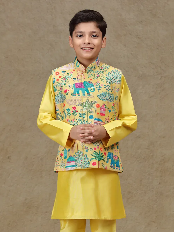 Yellow printed silk waistcoat set with resham work