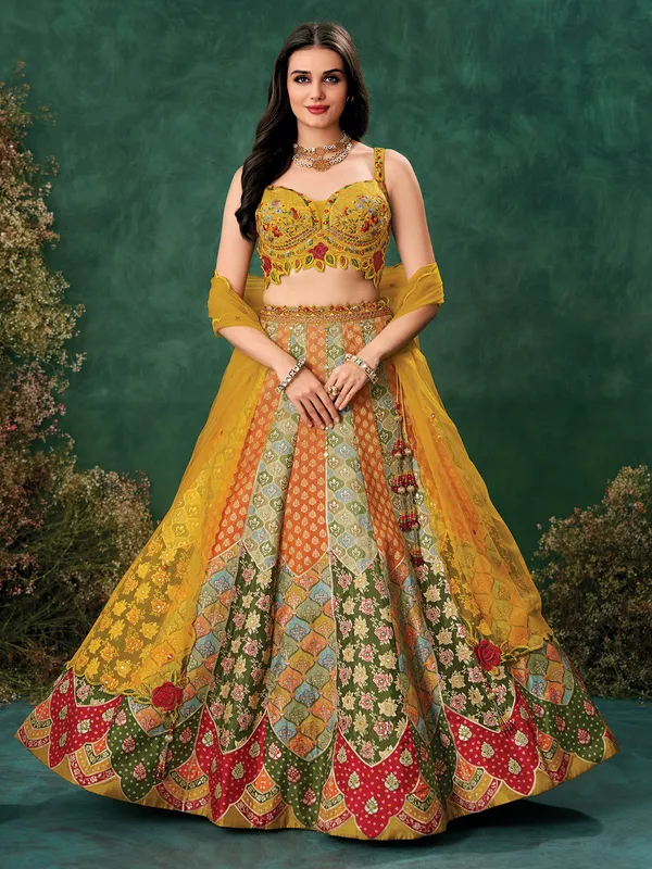 Yellow raw silk lehenga choli for haldi