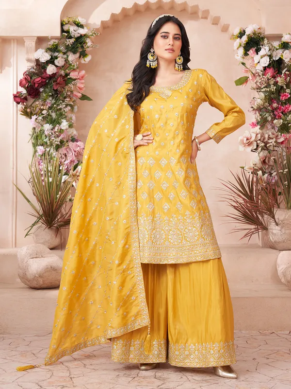 Yellow resham worked palazzo suit