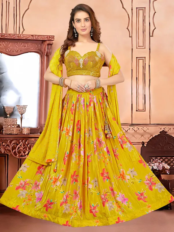 Yellow satin floral printed lehenga choli