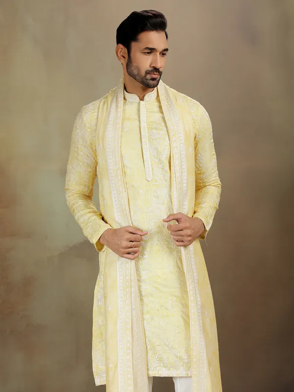 Yellow satin silk kurta set with shine