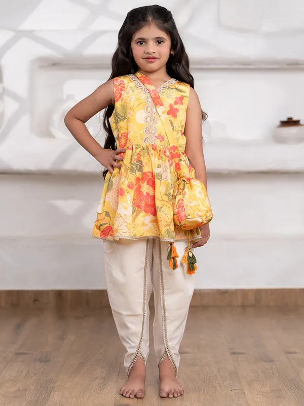 Yellow silk dhoti suit with print