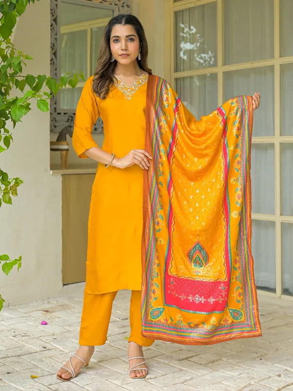 Yellow silk embroidered kurti set with dupatta