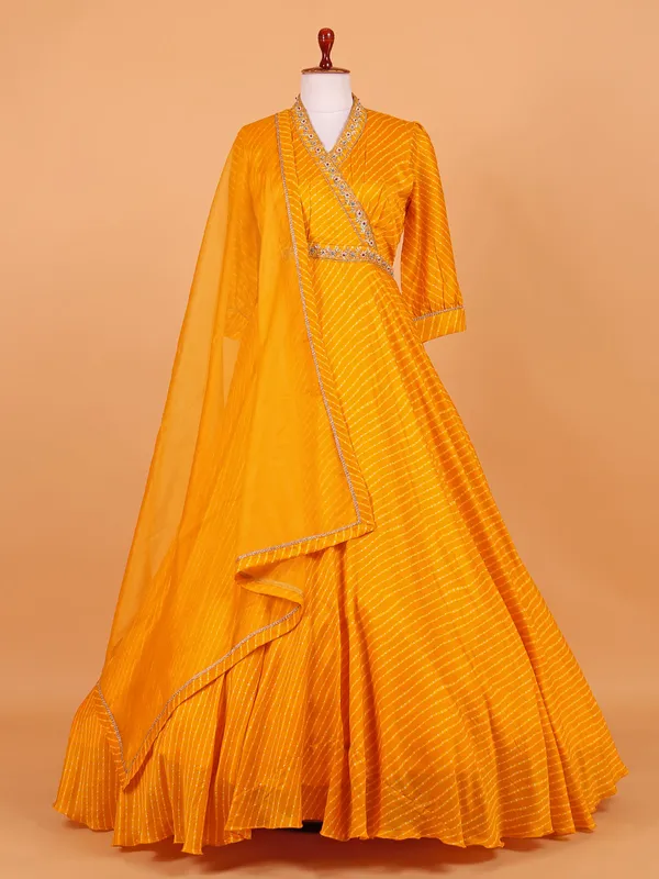 Yellow silk floor length anarkali suit with print