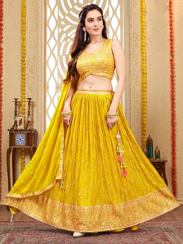 Yellow silk haldi wear lehenga choli