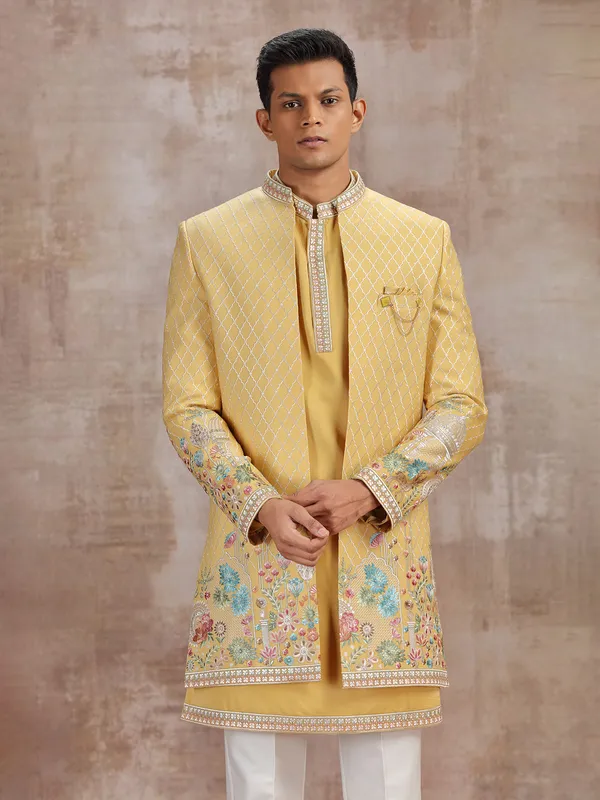 Yellow silk indo western with embroidery work