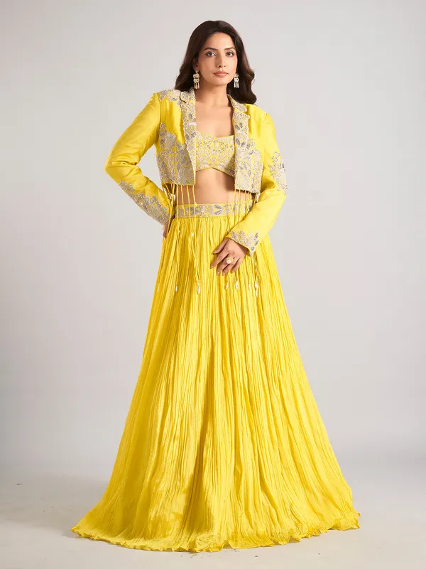 Yellow silk jacket style lehenga choli with cutdana work