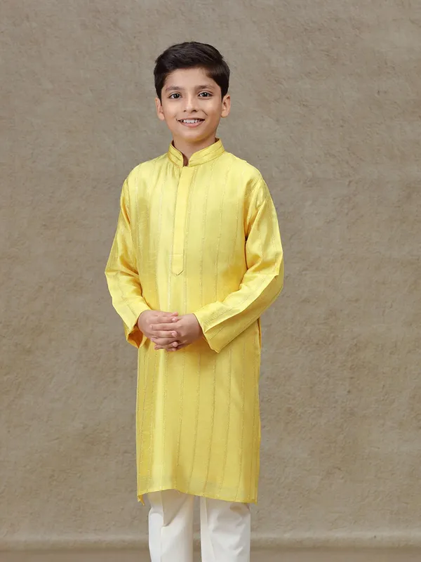 Yellow silk kurta set for boys