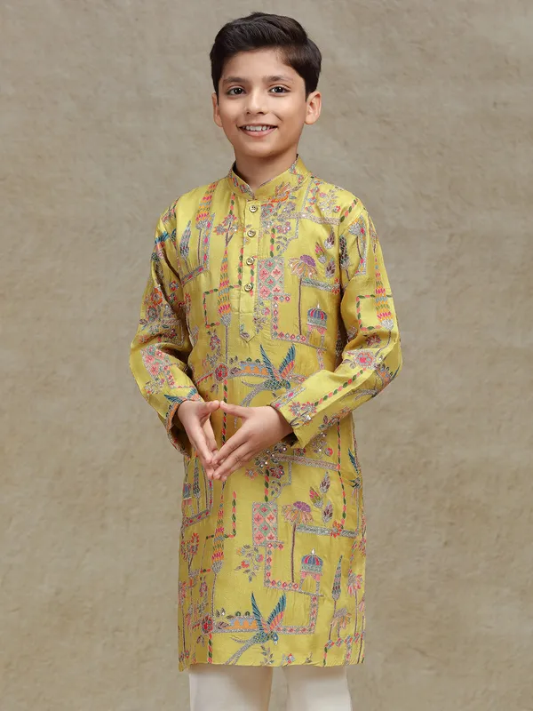 Yellow silk kurta suit for boys with print