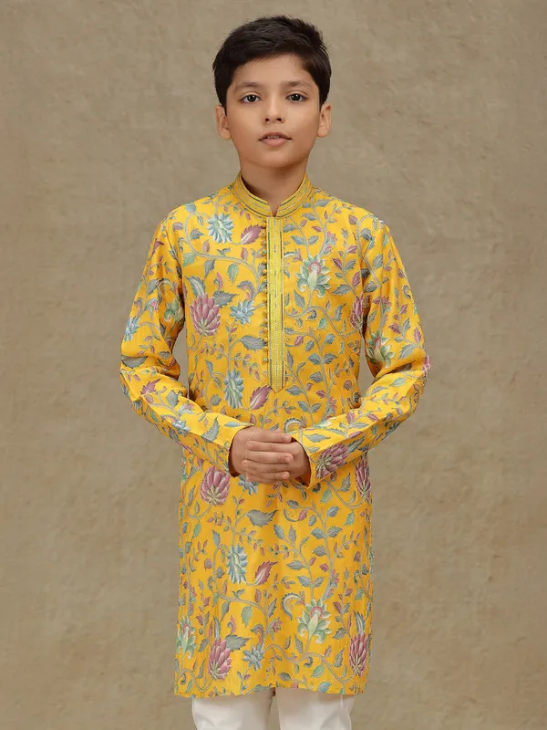 Yellow silk kurta suit for haldi with print