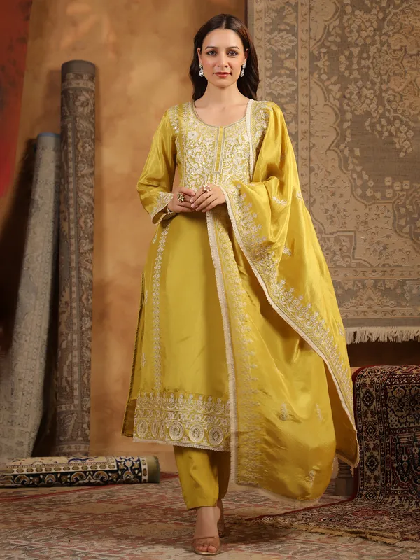 Yellow silk kurti set for women