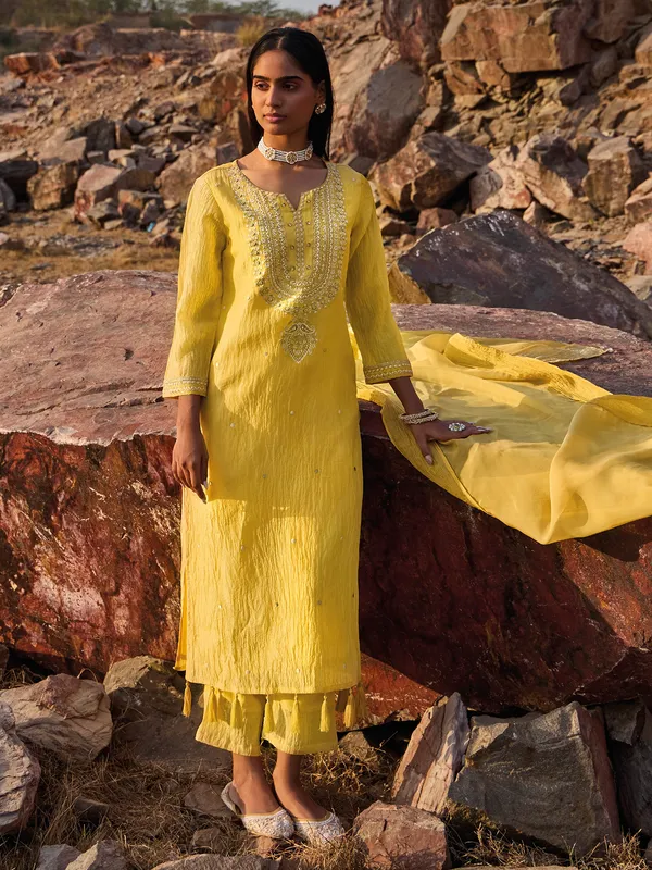 Yellow silk kurti set with dupatta for women festive wear
