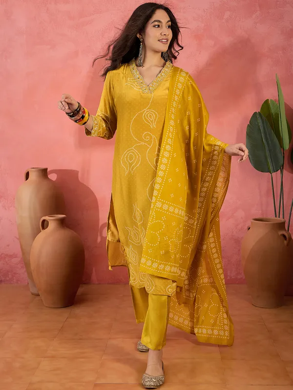Yellow silk kurti set with print