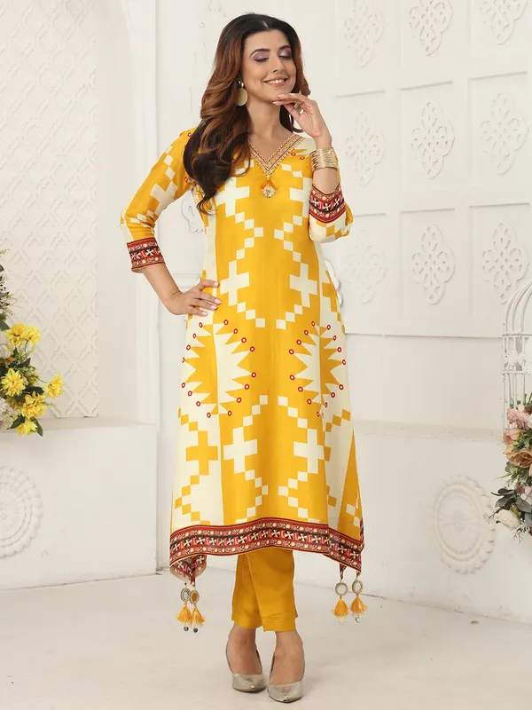 Yellow silk kurti set with print for women
