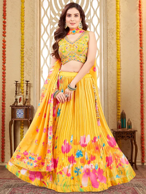 Yellow silk lehenga choli with printed