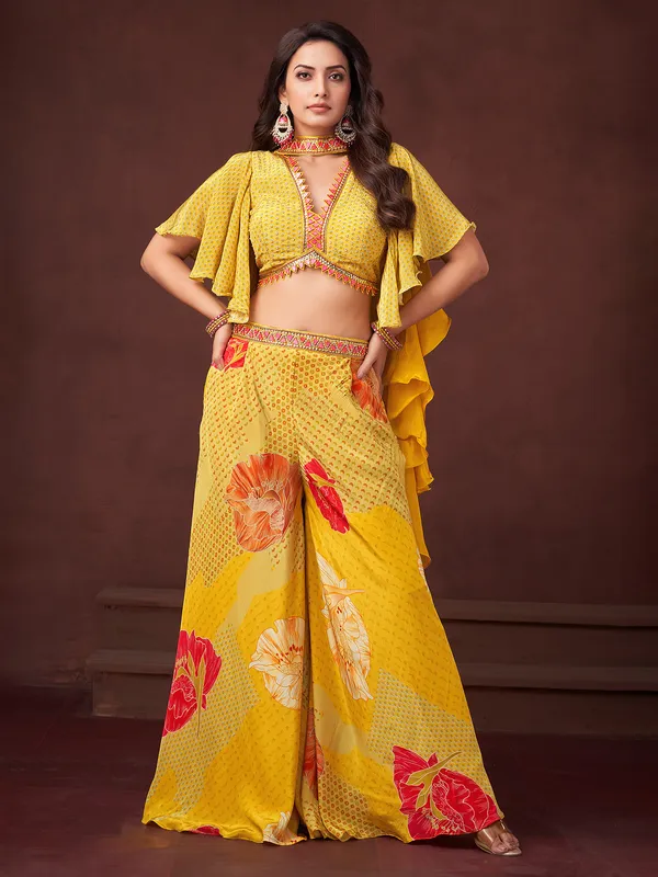 Yellow silk palazzo suit with print