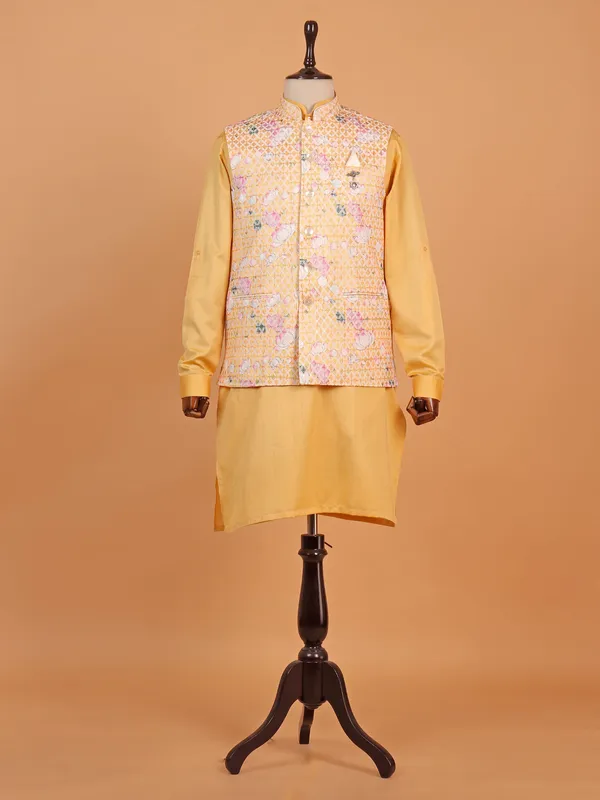 Yellow silk printed waistcoat set for men