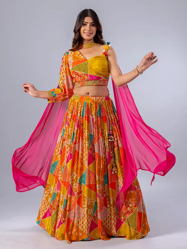 Yellow silk printed wedding wear lehenga choli